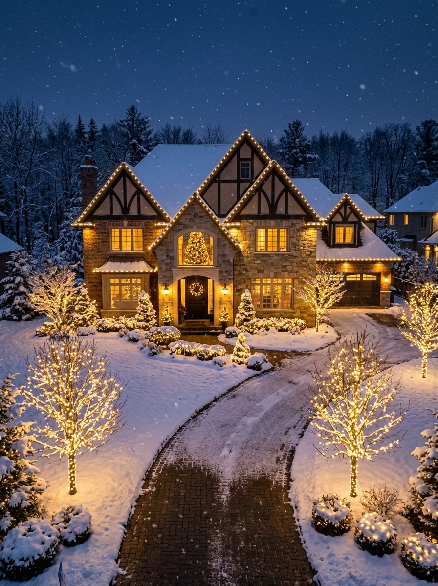 Warm white roofline lights installed on a home